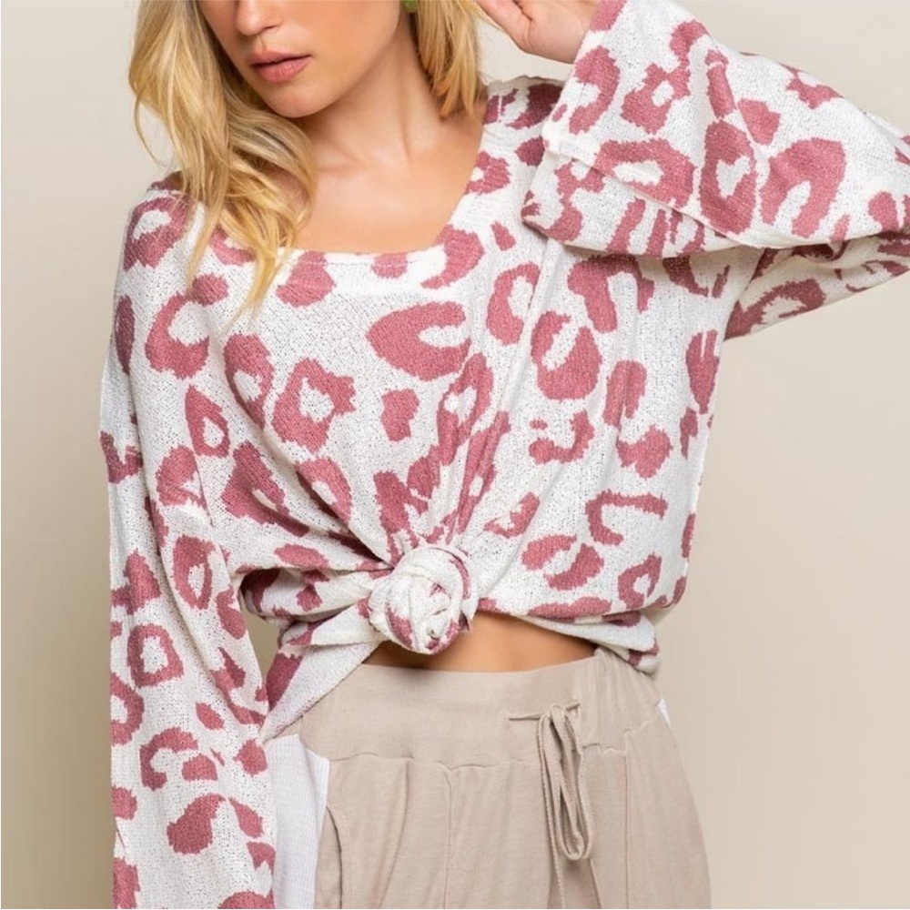 POL Raspberry Leopard soft knit oversized top lightweight slub knit sweater